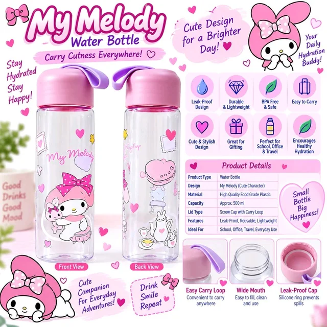 My Melody Cute Water Bottle for Kids & Girls – Reusable Transparent Water Bottle with Screw Cap & Carry Loop – Lightweight Portable Drinking Bottle for School, Office, Travel & Everyday Use