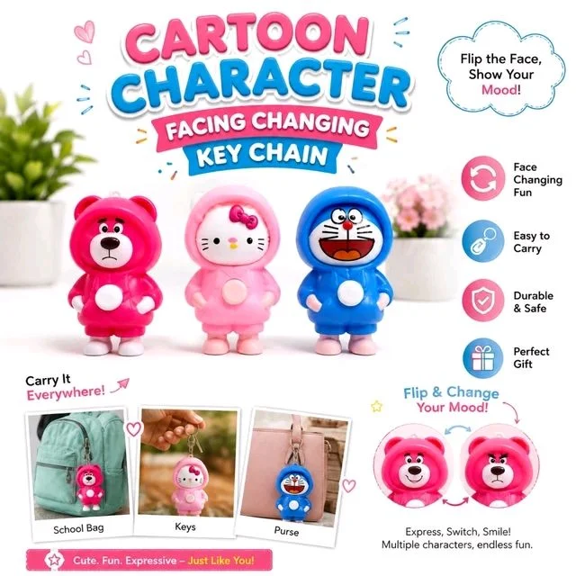 Cartoon Character Face Changing Key Chain Big PIECE-1 ( RANDOM COLOURS & DESIGNS ), Cute Flip Face Mood Keychain for Kids, Boys & Girls, Fun Bag Charm for School Bags, Backpacks, Keys & Purses