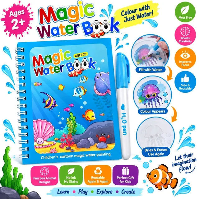 Magic Water Painting Book for Kids Ages 2+ with Reusable Water-Activated Colouring Pages & Water Pen – Mess-Free Creative Activity Book for Toddlers & Preschoolers (Random Colours & Designs)