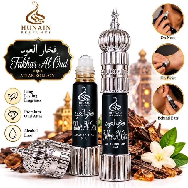 HUNAIN Perfumes Fakhar Al Oud Attar Roll-On – 6 ml | Premium Oud-Inspired Fragrance | Elegant Silver Bottle | Convenient Pocket-Size Perfume Oil