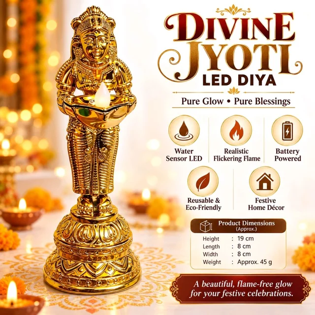 Divine Jyoti Golden LED Diya with Water Sensor, Realistic Flickering Flame, Battery-Powered Decorative Lamp for Diwali, Pooja Room, Home Décor and Festive Celebrations