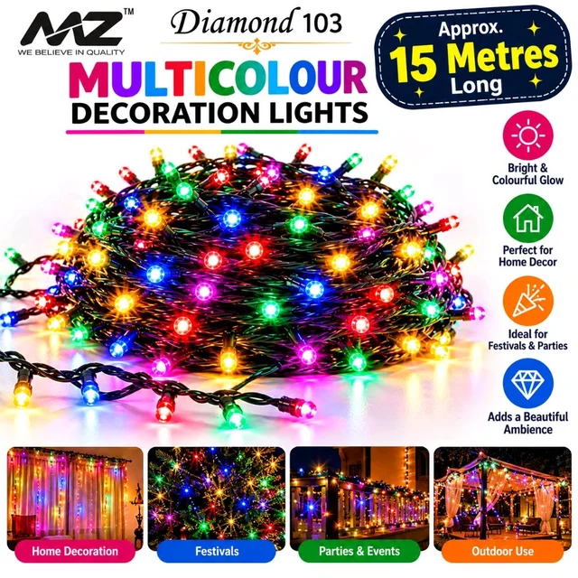 Diamond 103 LED String Lights for Diwali Decoration, Decorative Fairy Lights with Black Wire for Home, Balcony, Window, Festive Celebrations and Party Décor – Model TL-782