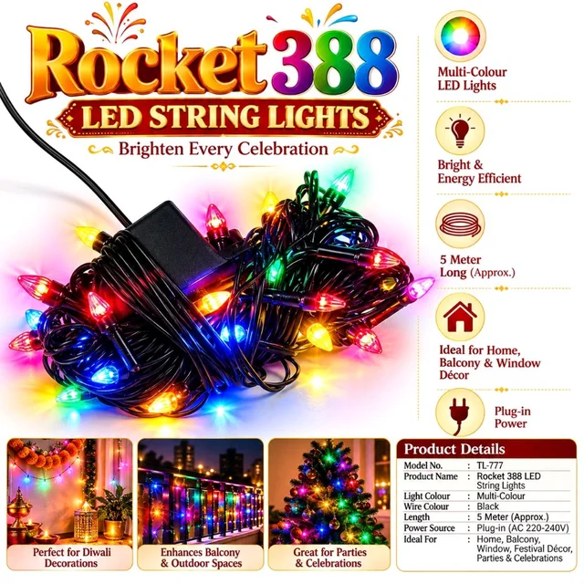 Rocket 388 Multicolour LED String Lights, 5 Metres Approx., Black Wire Decorative Lights for Diwali, Home, Balcony, Window, Parties and Festival Decorations – Model TL-777