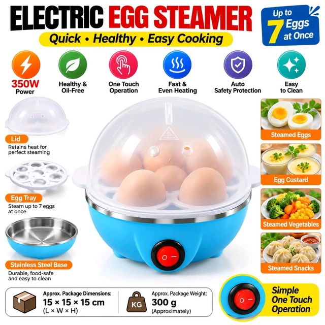 Electric Egg Steamer & Boiler 350W – 7 Egg Capacity, One-Touch Operation, Transparent Steam Lid, Blue Compact Cooker for Breakfast, Kitchen & Everyday Use