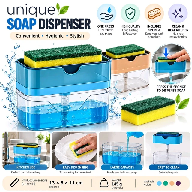 Unique Soap Dispenser with Built-In Sponge Holder, Press-Activated Liquid Soap Dispenser Pump, Transparent Reservoir, Dishwashing Liquid Dispenser for Kitchen Sink, Compact Cleaning Accessory