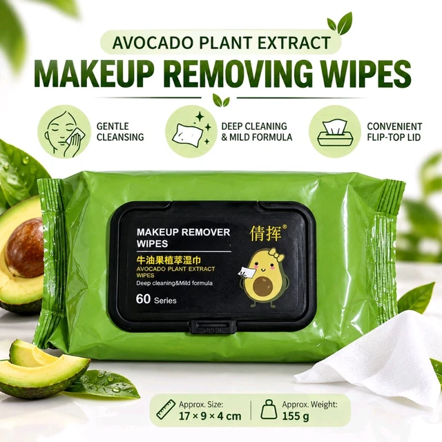 Avocado Plant Extract Makeup Remover Wipes – 60 Series, Deep Cleansing & Mild Formula, Convenient Flip-Top Lid, Green Pack