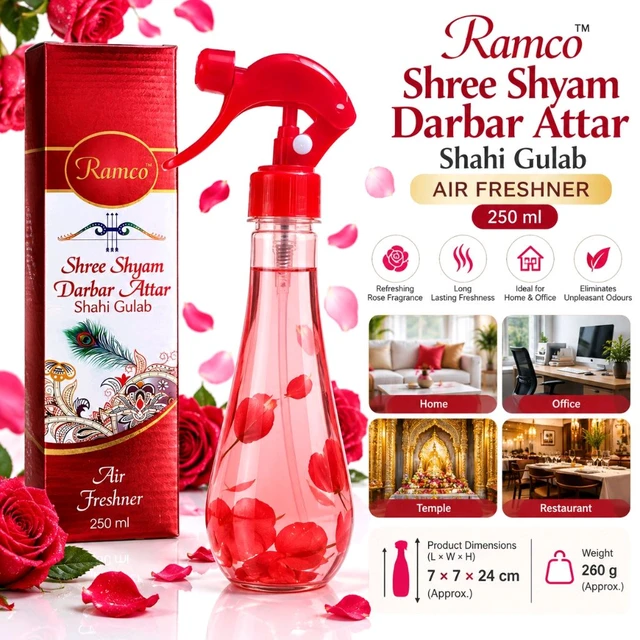 Ramco Shree Shyam Darbar Attar Shahi Gulab Air Freshener Spray – 250 ml, Rose Fragrance Room Freshener for Home, Office, Temple, Restaurant and Shop