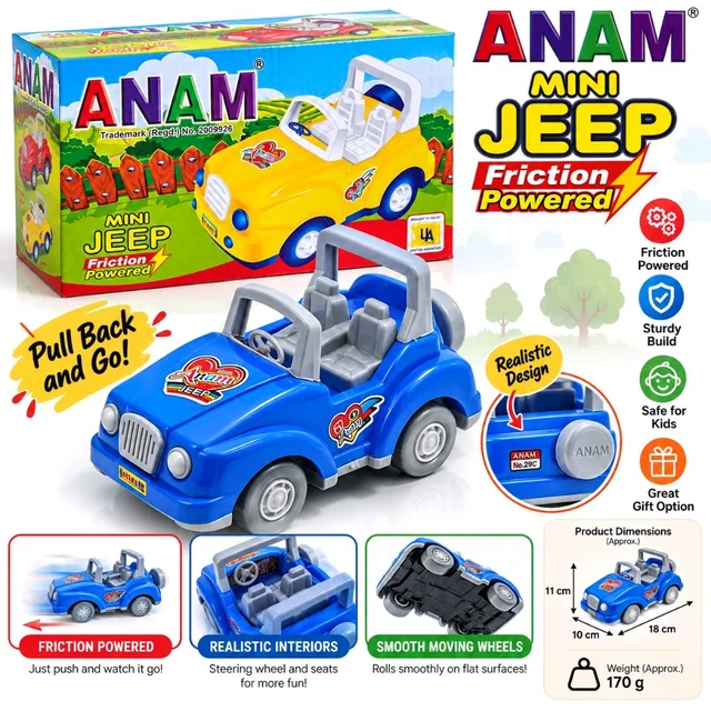 ANAM Mini Jeep Friction Powered Toy Car for Kids, Blue Open-Top Jeep with Steering Wheel, Detailed Seats and Smooth Rolling Wheels, Push-and-Go Toy Vehicle for Children Ages 3 Years and Above