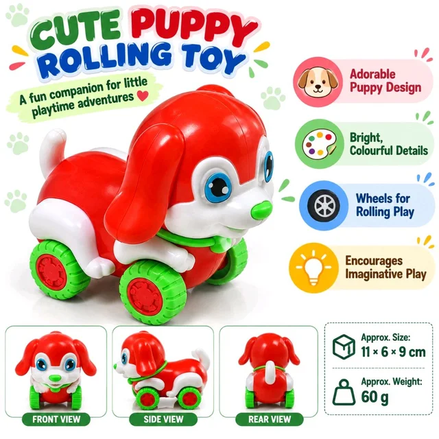 Cute Puppy Toy for Kids | Cartoon Dog Rolling Toy with Colourful Wheels | Adorable Animal Vehicle for Toddlers and Children | Pretend Play Toy and Gift | Assorted Colour