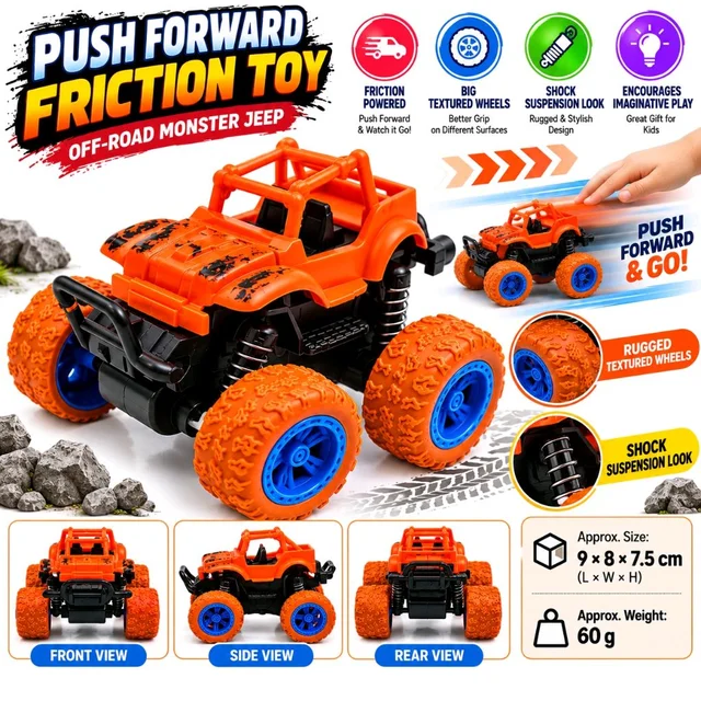 Push Forward Friction Off-Road 4 X4 Jeep Toy for Kids | Monster SUV with Oversized Textured Wheels, Blue Wheel Hubs and Rugged Suspension-Style Design | Miniature Vehicle Toy for Children | Assorted Colour
