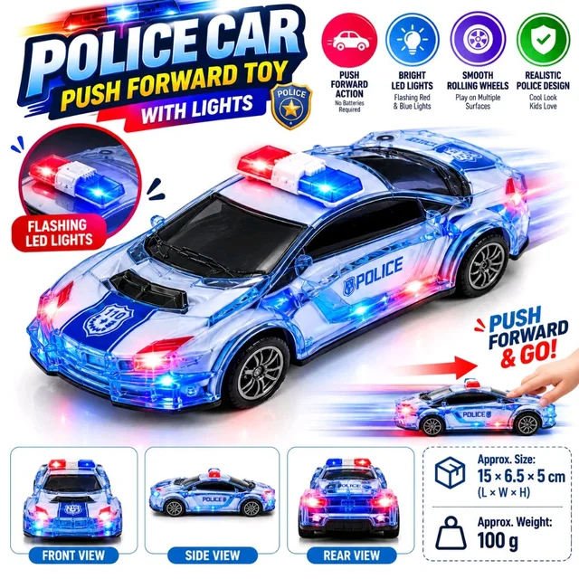LED Police Car 911 Toy for Kids with Siren Sound | Push Forward Friction-Powered Toy Police Sports Car with Flashing Red and Blue Lights | White and Blue Emergency Vehicle Toy for Children| Assorted Colour