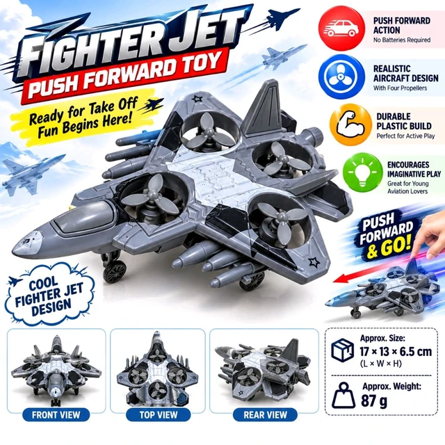 Fighter Jet Push and Go Friction Toy for Kids, Grey Military Aircraft with 4 Propeller Fans, Realistic Design and Landing Wheels, Pretend Play Toy for Boys and Girls