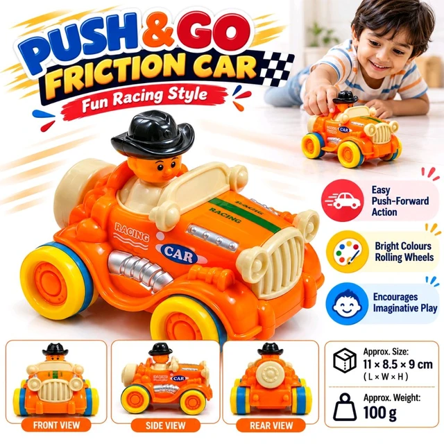 Push and Go Friction Racing Car Toy with Driver Figure, Colorful Wheels and Decorative Details, Easy-to-Use Toy Vehicle for Kids, Pretend Play and Gifting | Assorted Colour
