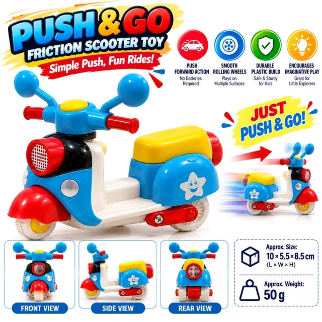 Colorful Push and Go Friction Scooter Toy for Kids, Blue Red Yellow Plastic Mini Scooter with Smooth Rolling Wheels, Cute Design, Battery-Free Pretend Play Toy, Gift for Boys and Girls