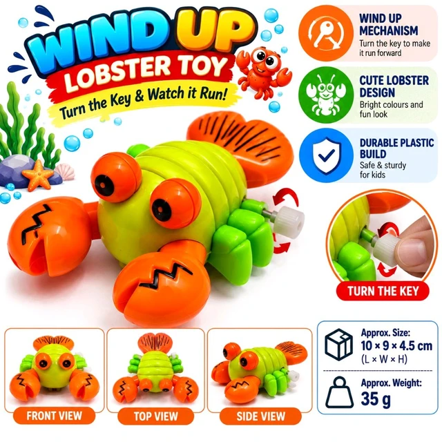 Wind-Up Lobster Toy for Kids, Key-Operated Moving Crab Toy, Colorful Plastic Sea Animal Toy for Fun Playtime, Birthday Gifts and Return Gifts | Assorted Colour 