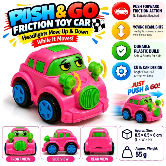 Push and Go Friction Toy Car for Kids – Cartoon Racing Car with Moving Headlights, Battery-Free Pull-Free Push Action, Colourful Plastic Toy Vehicle for Boys and Girls | Assorted Colour