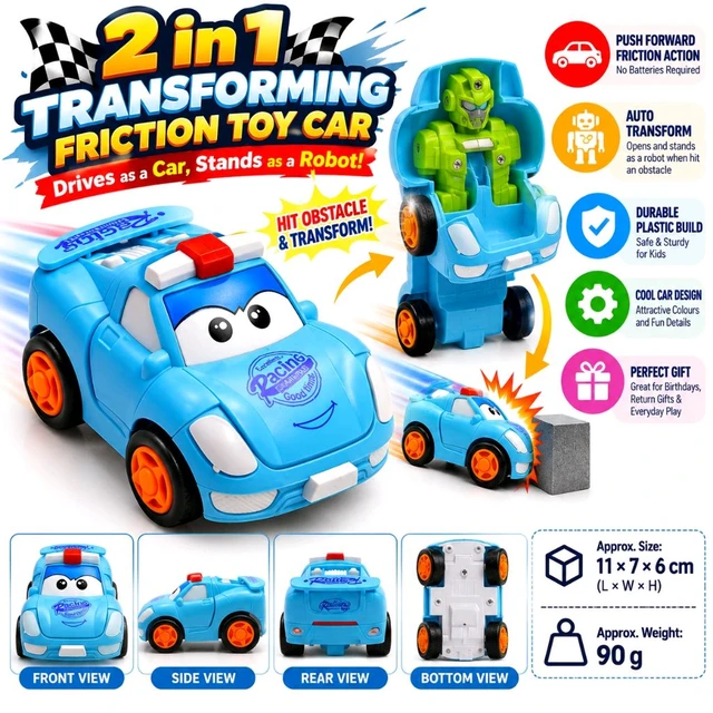 2-in-1 Transforming Robot Friction Toy Car for Kids – Push-Forward Racing Car That Converts into a Standing Robot on Hitting an Obstacle, Battery-Free Action Toy, Fun Gift for Boys and Girls | Assorted Colour