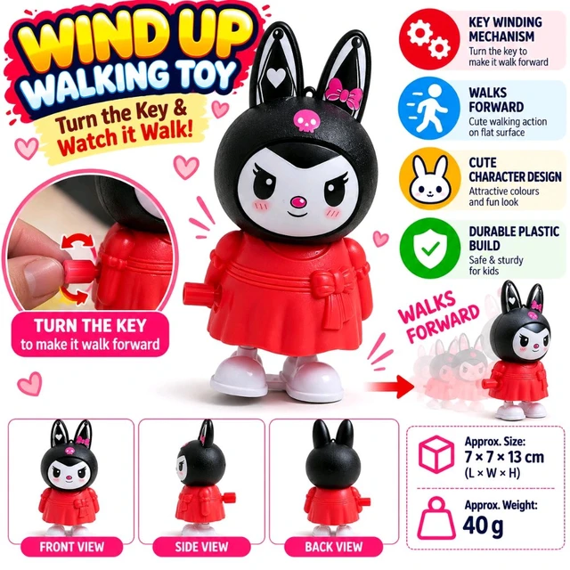 Wind-Up Walking Bunny Girl Labubu Toy for Kids – Cute Bunny Character in Colourful Dress, Key-Winding Mechanical Walking Action, Battery-Free Plastic Toy, Fun Gift for Boys and Girls | Assorted Colour