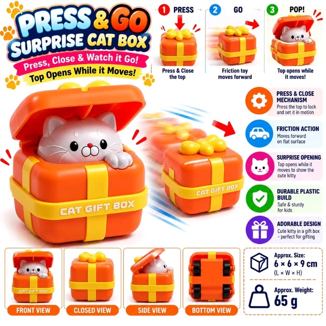 Press & Go Surprise Cat Gift Box Toy for Kids, Friction-Powered Moving Toy with Pop-Open Lid and Cute Kitty Reveal, Novelty Toy, Fun Birthday Gift for Boys and Girls | Assorted Colour