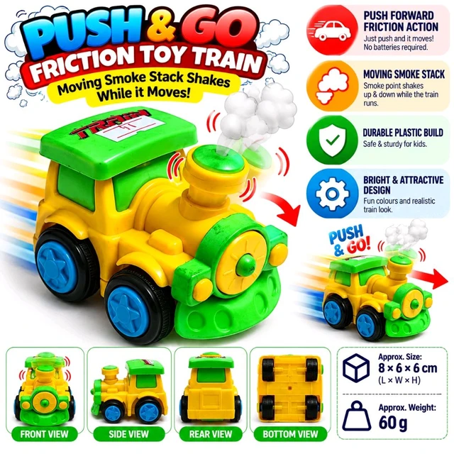 Push & Go Friction Toy Train for Kids – Colorful Plastic Mini Train with Shaking Smoke Stack, Battery-Free Forward Motion, Interactive Rolling Wheels, Pretend Play Toy for Boys and Girls | Assorted Colour