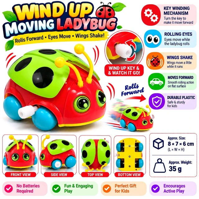 Wind Up Moving Ladybug Toy for Kids, Key Winding Friction Toy with Rolling Eyes, Shaking Wings and Forward Movement, Colorful Insect Toy, Battery-Free Plaything, Birthday Gift for Children | Assorted Colour