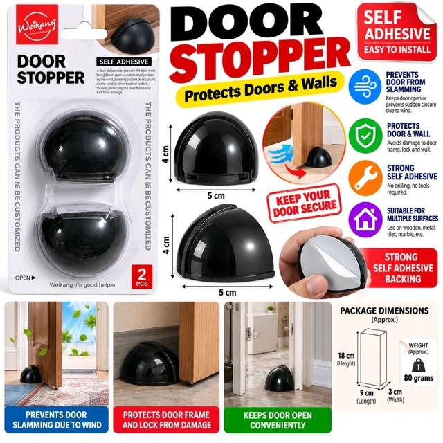 Weikang Self-Adhesive Door Stopper Set of 2, Dome Door Holder for Preventing Door Slamming, Protecting Walls, Door Frames and Locks, Easy Stick-On Installation, Home and Office Use | Assorted Colour