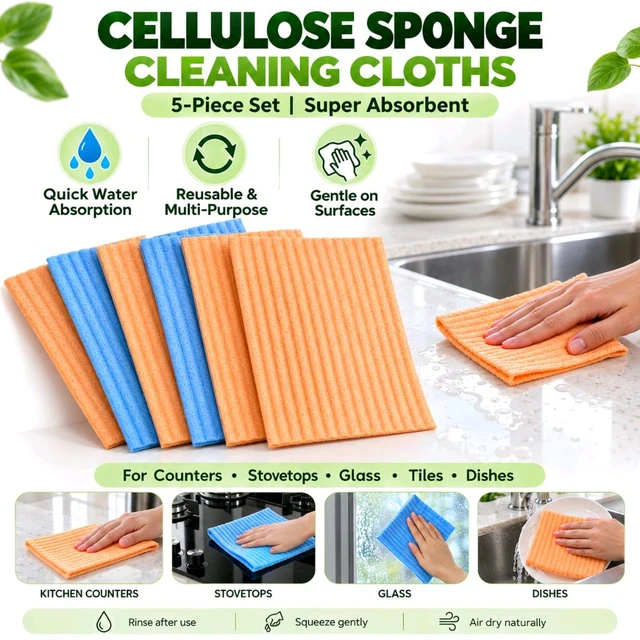 Cellulose Sponge Cleaning Cloths – Pack of 5, Super Absorbent Reusable Kitchen Wipes for Counters, Stovetops, Glass, Tiles, Dishes and Household Cleaning | Assorted Colour