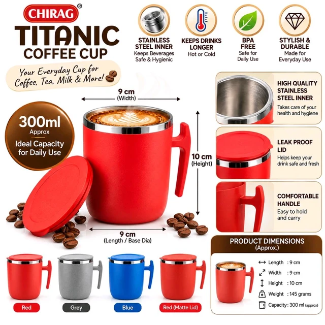 CHIRAG Titanic Stainless Steel Inner Coffee Mug with Lid, 300 ml Approx., BPA-Free Tea and Coffee Cup with Handle, Reusable Travel-Style Mug for Coffee, Tea, Milk and Thick Shakes
