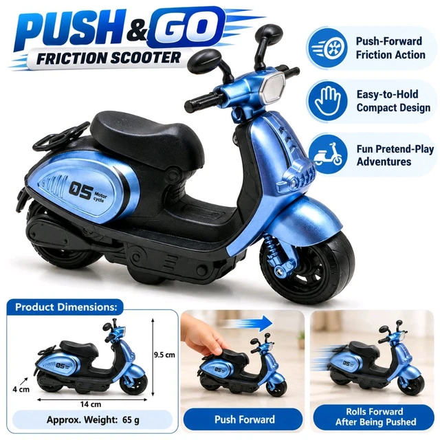 Push-Forward Friction Scooter Toy for Kids | Miniature Motorbike Model with Free-Rolling Wheels | Compact Pretend Play Toy for Boys and Girls  | Assorted Colour