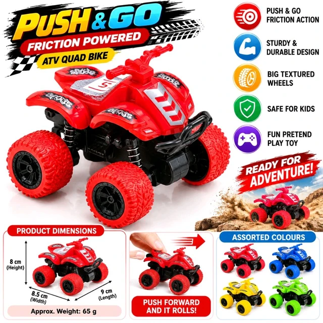 Push and Go Friction Powered ATV Quad Bike Toy for Kids | Mini 4-Wheel Off-Road Monster Vehicle with Textured Wheels and Suspension-Style Design | Assorted Colours | Lightweight Toy Gift | Assorted Colour