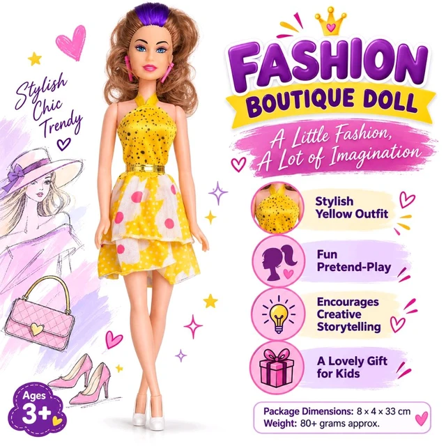 Creative Kids Fashion Boutique Doll for Girls, Stylish Dress Fashion Doll with Brown Hair and Purple Highlights, Pretend Play Toy for Kids Aged 3+ Years, Birthday Gift for Children | Assorted Colour