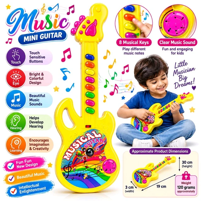 Kids Musical Mini Guitar Toy for Boys and Girls, Battery-Operated Electronic Music Guitar with 8 Colourful Musical Keys, Interactive Sound Buttons, Bright Coloured Design, Musical Pretend Play Toy for Children Aged 3+ Years, Birthday Gift | Assorted Colour