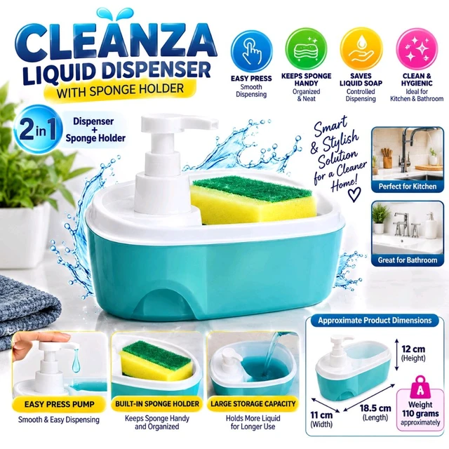 Cleanza 2-in-1 Liquid Soap Dispenser with Sponge Holder for Kitchen Sink, Easy Press Pump Soap Dispenser with Integrated Sponge Storage Tray, Refillable Dishwashing Liquid Dispenser for Kitchen and Bathroom, Teal Blue