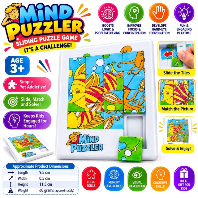 Toy Box Mind Puzzler Sliding Tile Puzzle Game for Kids, Colourful Picture Puzzle with Moving Tiles, Brain Teaser Toy to Encourage Logic, Memory, Focus and Problem-Solving Skills, Educational Travel Game for Children Aged 3+ Years | Assorted Picture