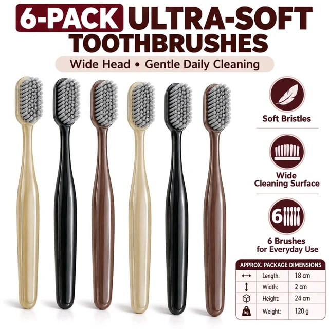 6 Pack Ultra Soft Toothbrushes with Wide Brush Head, Gentle Soft Bristle Manual Toothbrush Set for Adults, Assorted Colours for Daily Oral Care and Family Use