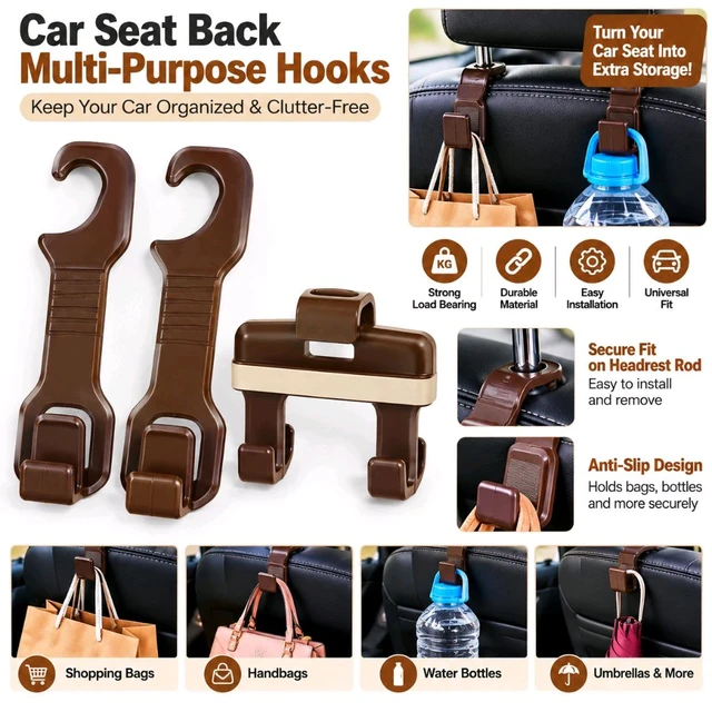 Car Seat Back Hooks for Bags, 2-in-1 Multipurpose Car Headrest Hooks with Bottle Holder Attachment, Plastic Seat Organizer Hooks for Shopping Bags, Handbags, Water Bottles and Umbrellas, Brown, 2-Piece Set