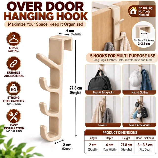 Over The Door Hanging Hook Rack – 5 Hooks, Space-Saving Organizer for Bags, Clothes, Towels, Hats & Accessories, No-Drill Installation, ABS Plastic, Assorted Colour