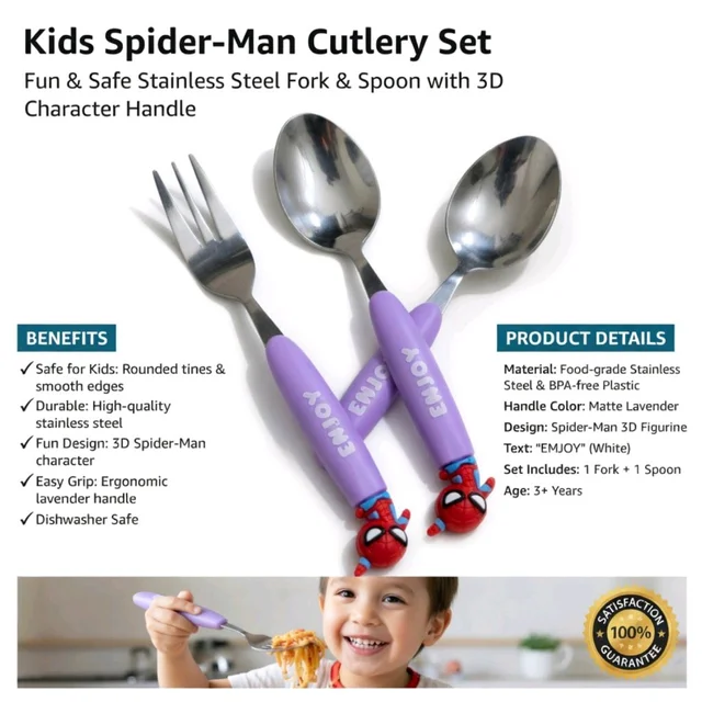 Kids Stainless Steel Spider Man Spoon and Fork Set, Cutlery Set for Children, Fun Dining Utensils for Everyday Meals and Lunch, Assorted Colour 