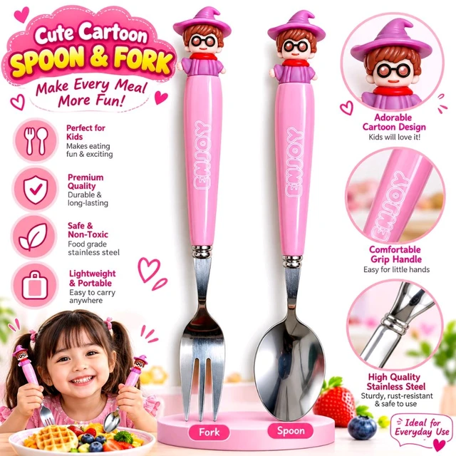 Cute Wizard Cartoon Spoon and Fork Set for Kids | Character Handle Stainless Steel Cutlery Set | Adorable Wizard Design | Fun Dining Utensils for Children | Lightweight & Portable | Assorted Colour