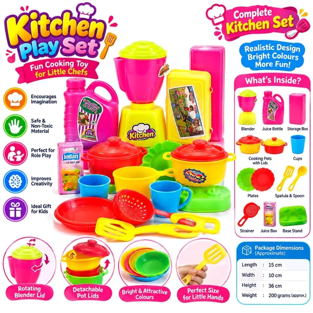 Safola Kitchen Toy Set for Kids | Colorful Pretend Play Cooking Set with Pots, Pans, Plates, Cups, Blender, Bottles & Kitchen Accessories | Role Play Toy Gift for Boys & Girls