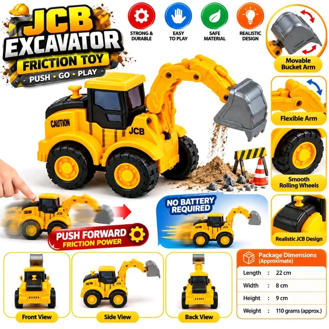 JCB Excavator Friction Toy for Kids | Push and Go Construction Vehicle with Movable Bucket Arm, Realistic Design & Free-Rolling Wheels | Yellow and Black Engineering Truck Toy for Children