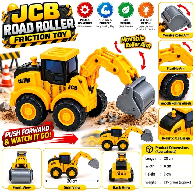JCB Road Roller Friction Toy for Kids | Push and Go Construction Vehicle with Movable Roller Arm, Realistic Yellow & Black Design and Free-Rolling Wheels | Pretend Play Engineering Truck Toy