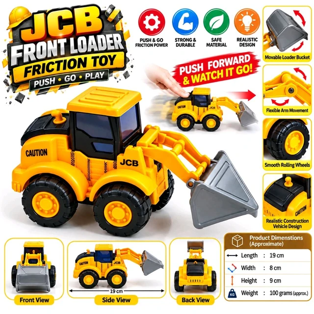 JCB Front Loader Friction Toy for Kids | Push-and-Go Construction Truck with Movable Bucket Arm, Realistic Excavator-Style Design, Yellow & Black Toy Vehicle for Boys and Girls