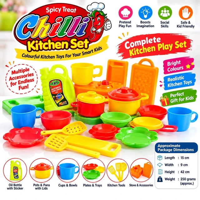 Spicy Treat Chilli Kitchen Set for Kids | Colourful Pretend Play Cooking Toy Set with Pots, Pans, Cups, Plates, Utensils & Kitchen Accessories | Imaginative Role Play Gift for Children