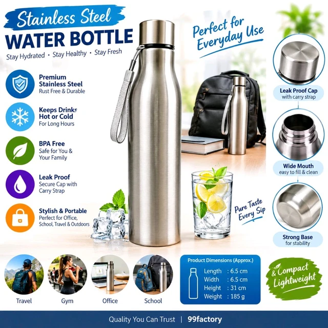 Stainless Steel Water Bottle with Screw Cap & Carry Strap – Sleek Silver Metal Water Flask for Office, School, Gym, Travel & Everyday Use