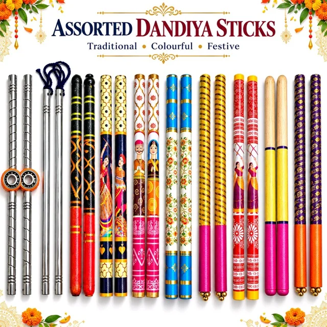 Assorted Dandiya Sticks for Garba, Navratri & Kolatam Dance | Stainless Steel Bearing, Sankheda, Raja Rani, Rajwadi, Floral & Hand-Painted Designs | Traditional Colourful Festive Dance Sticks | Assorted Styles - 1 Pair