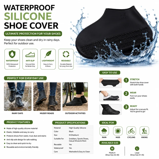 Waterproof Silicone Shoe Covers for Men & Women | Reusable Rain Shoe Protector | Anti-Slip, Lightweight & Stretchable Shoe Covers for Rain, Mud, Cycling & Outdoor Activities