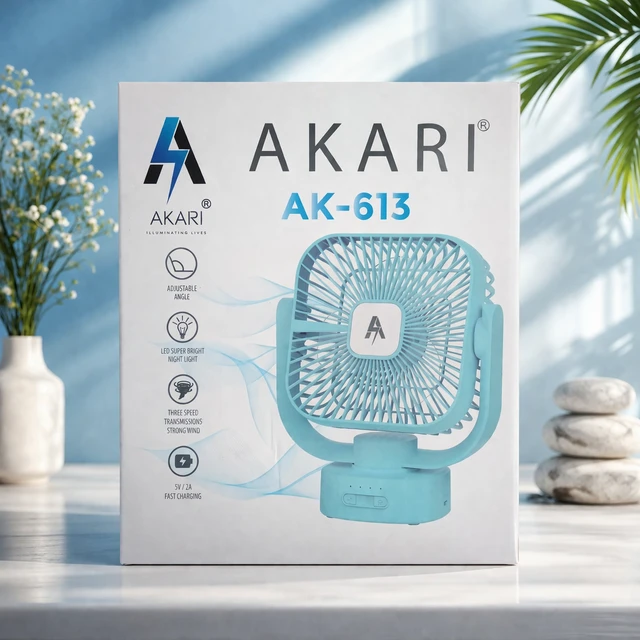 AKARI AK-613 Rechargeable Mini Table Fan with LED Night Light | 3-Speed Adjustable Airflow | USB Fast Charging (5V/2A) | Adjustable Angle | Portable Desk Fan for Home, Office & Travel