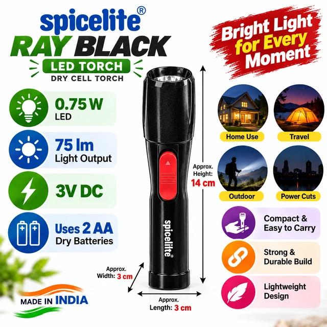 Spicelite Ray Black LED Torch, 0.75W LED Dry Cell Flashlight, 75 Lumens Light Output, 3V DC Battery Operated Torch, Compact Black Handheld Flashlight for Home, Travel, Power Cuts and Outdoor Use