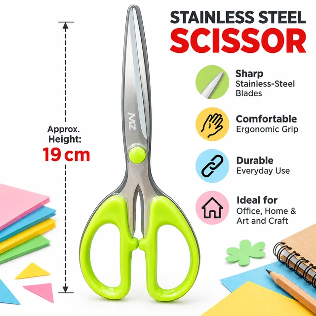 MZ Stainless Steel Scissor with Ergonomic Lime Green Handle, Sharp Cutting Blades for Office, Home, School, Paper Cutting and Art & Craft